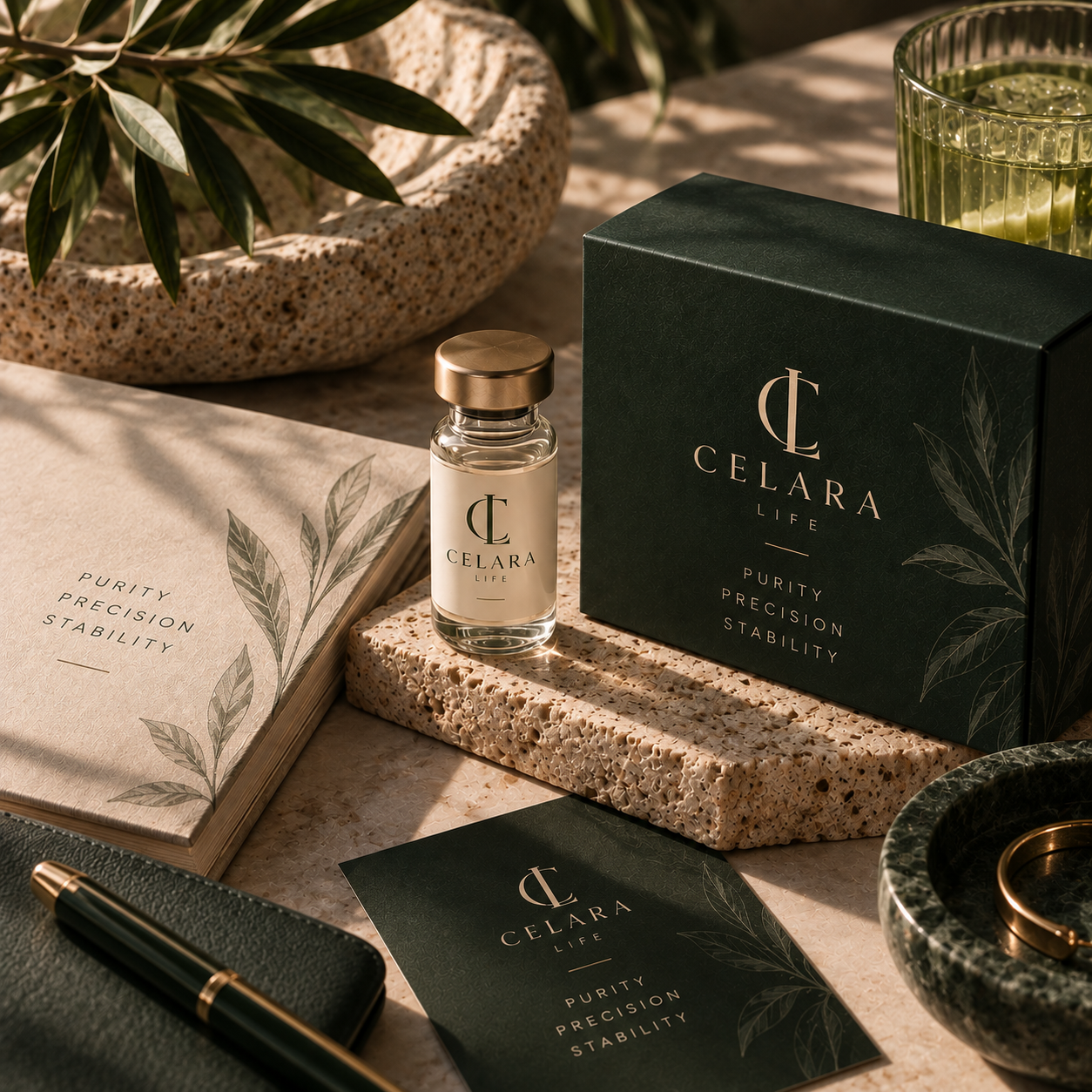 A Celara Life product box, research vial, and branded notebook in warm light