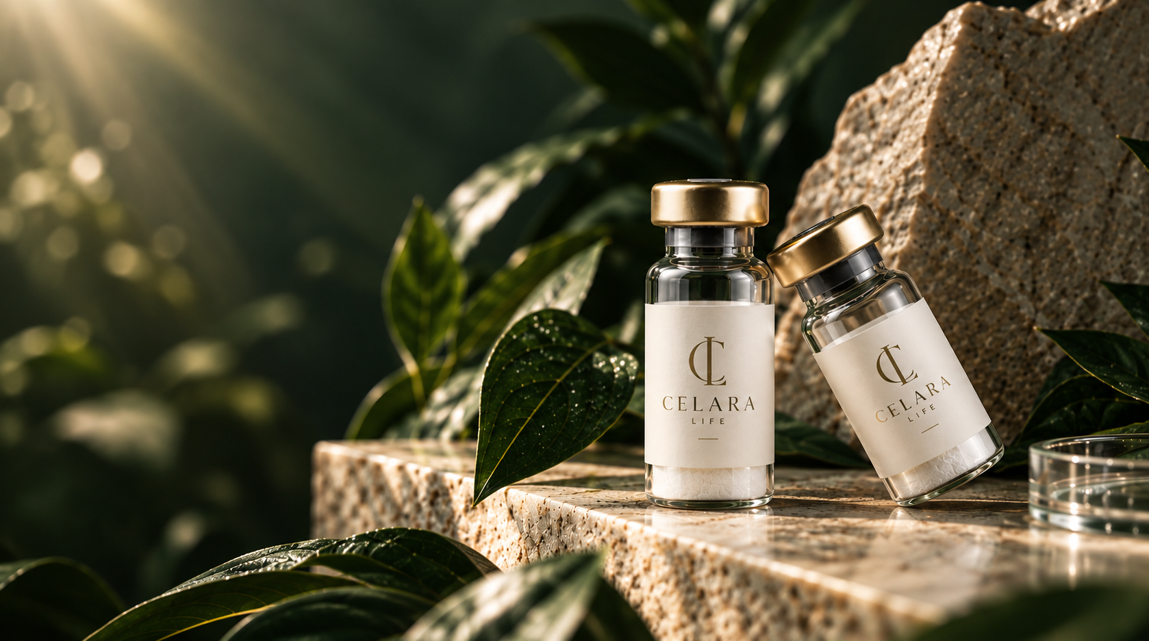 Research peptide vials on a travertine stone slab with botanical foliage