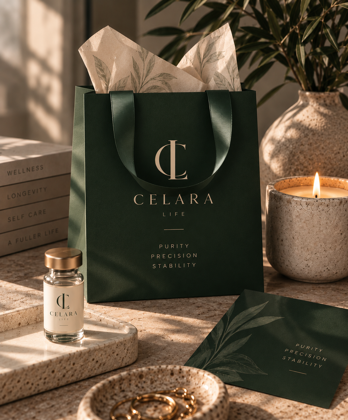 A branded Celara Life gift bag with a research vial on a stone counter