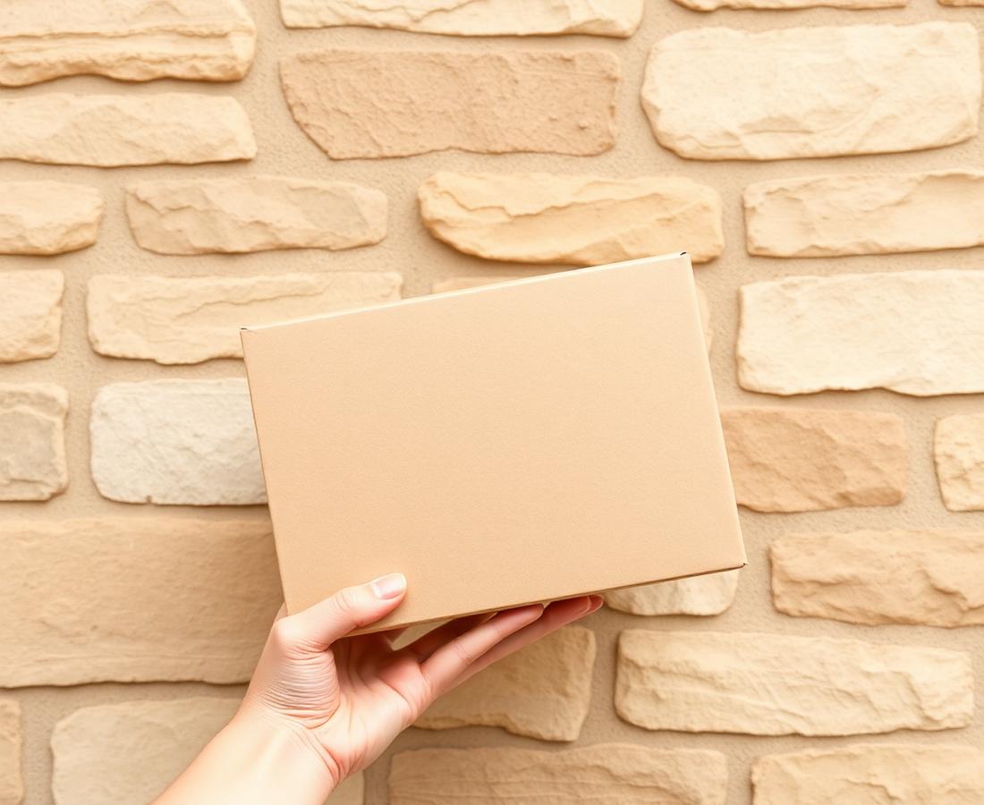 A plain shipping box against a warm stone wall