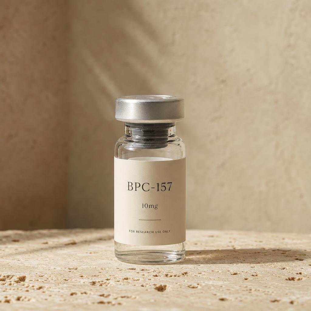 Clear BPC-157 10mg glass vial on a warm travertine surface