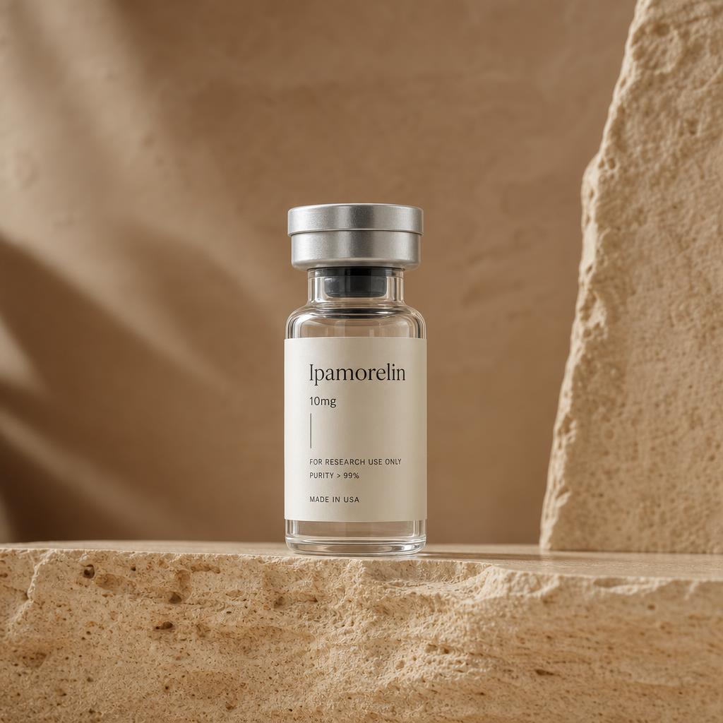 Ipamorelin 10mg vial on a warm sandstone ledge