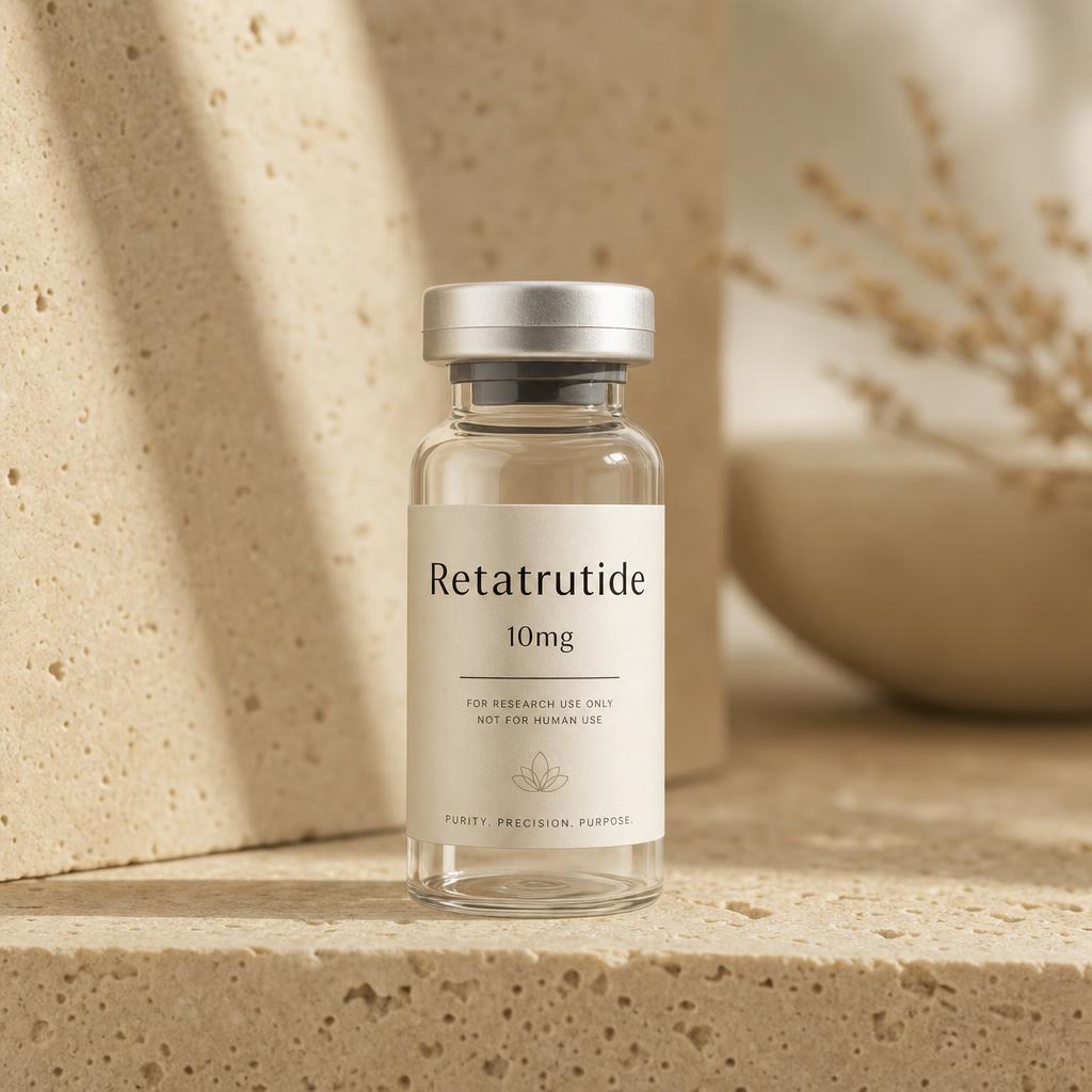 Retatrutide 10mg vial resting on a sand-toned stone shelf
