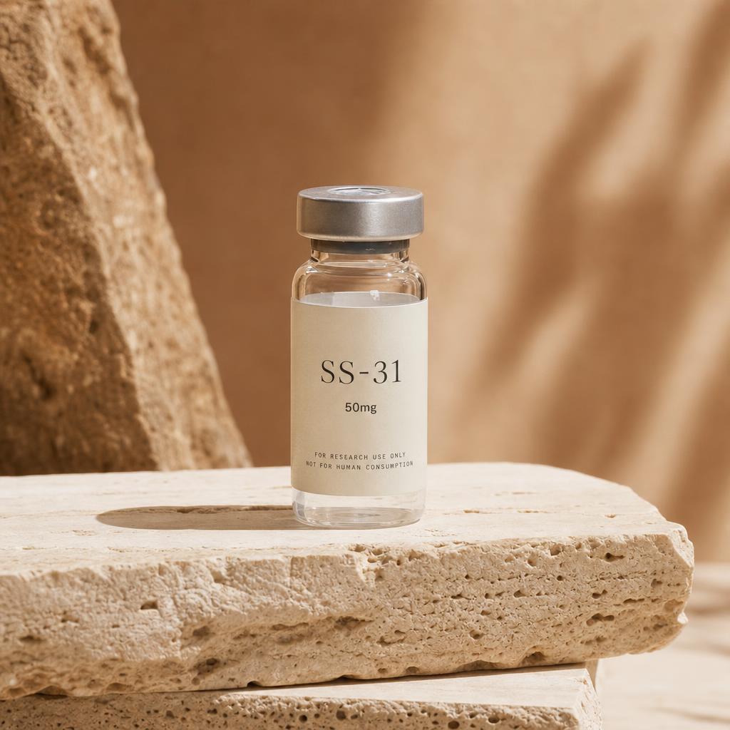 SS-31 50mg vial casting a soft shadow on travertine